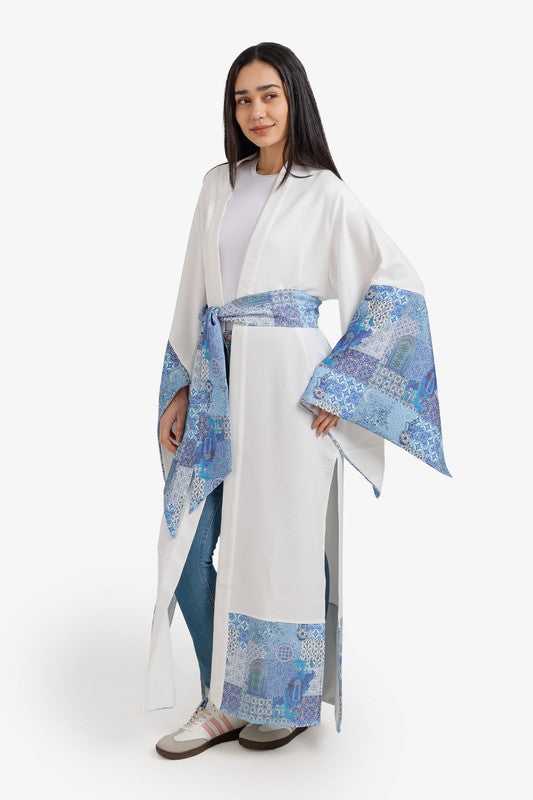 Printed Cuffs & Hem Relaxed Wrap Kimono – Off White