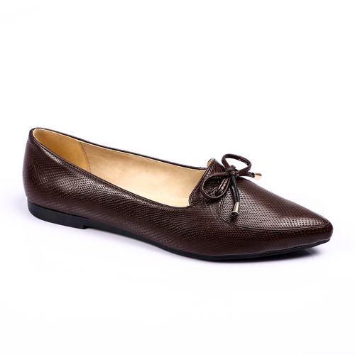 Faux Leather Textured Flats with Bow Detail – Brown