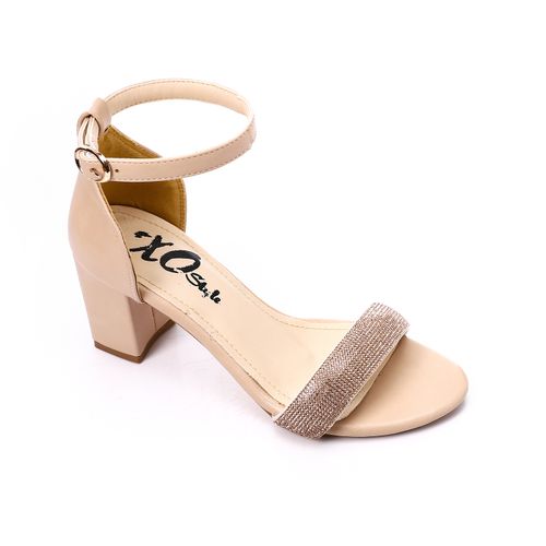 Faux Leather Diamante Ankle Strap Sandals - Beige