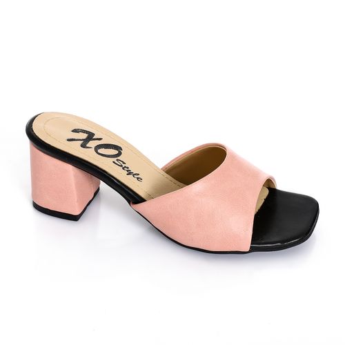 Faux Leather Heeled Slippers - Pink