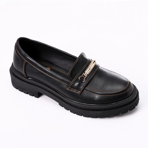Faux Leather Lug Sole Loafers - Black