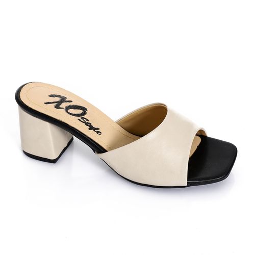 Faux Leather Heeled Slippers - Beige