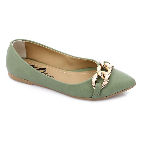 Faux Leather Chain Detail Ballerina - Light Green