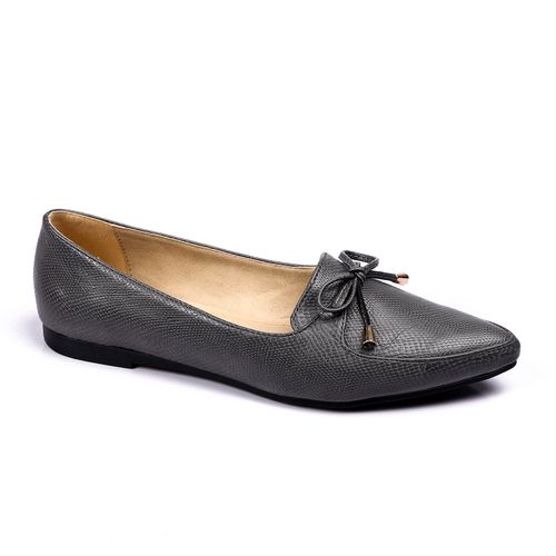Faux Leather Textured Flats with Bow Detail – Grey