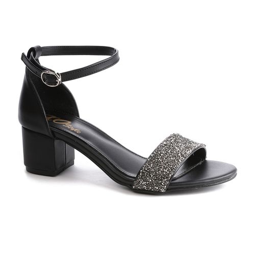 Faux Leather Glitter Strap Ankle Block Heel Sandals