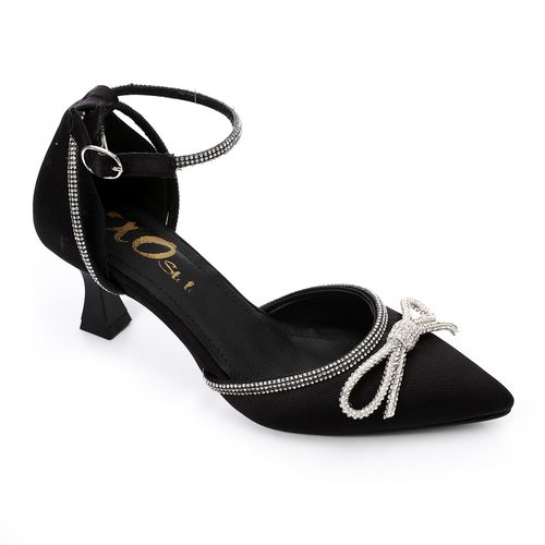 Leather Embellished Ankle-Strap Heels with Bow – Black
