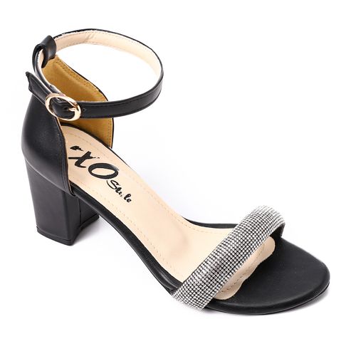 Faux Leather Diamante Ankle Strap Sandals - Black