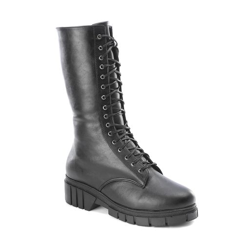 Faux Leather Knee-High Lace-Up Boots – Black