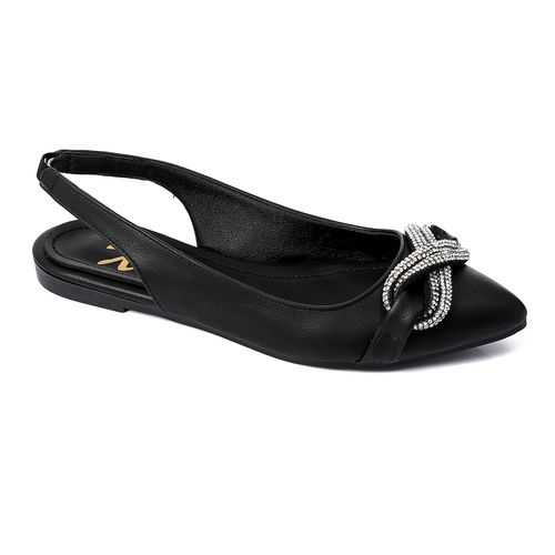 Faux Leather Embellished Slingback Flats – Black