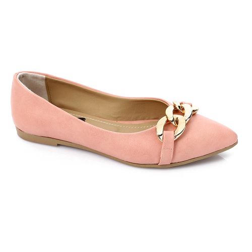 Faux Leather Chain Detail Ballerina - Pink