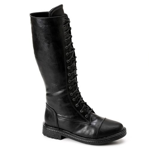 Faux Leather Lace-Up Combat Boots – Black