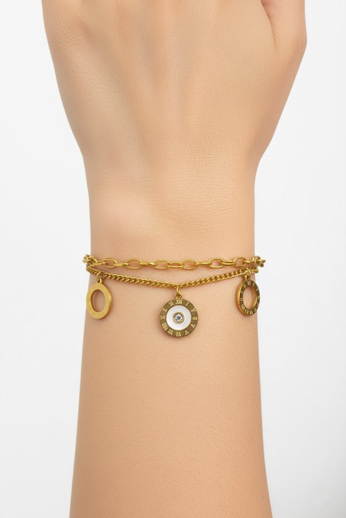 Stainless Steel Layered Roman Numeral Crystal Charm Bracelet – Gold
