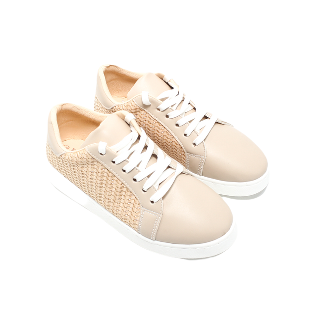 Faux Leather Woven Panel Sneaker - Beige