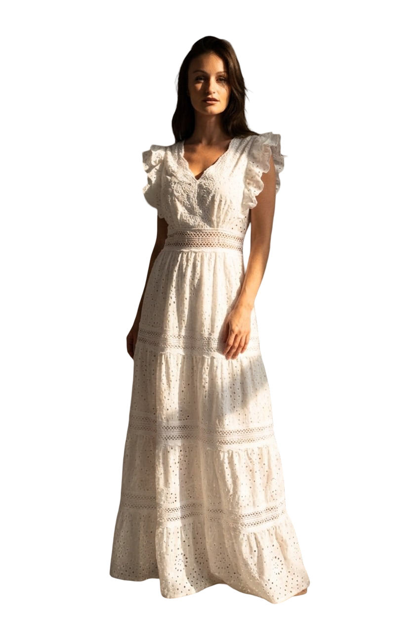 Broderie Tiered Dress - White