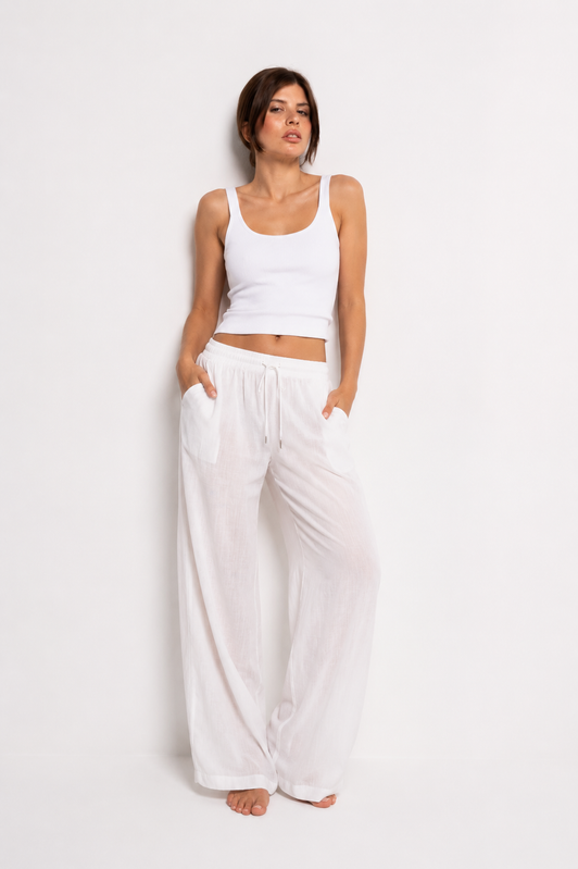 Solid Relaxed Fit Wide-Leg Pants – Off White