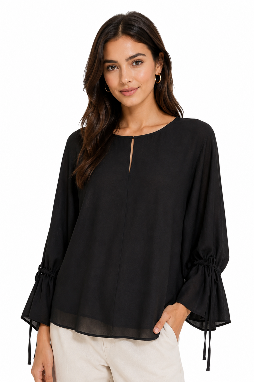 Drawstring Sleeve Blouse - Black