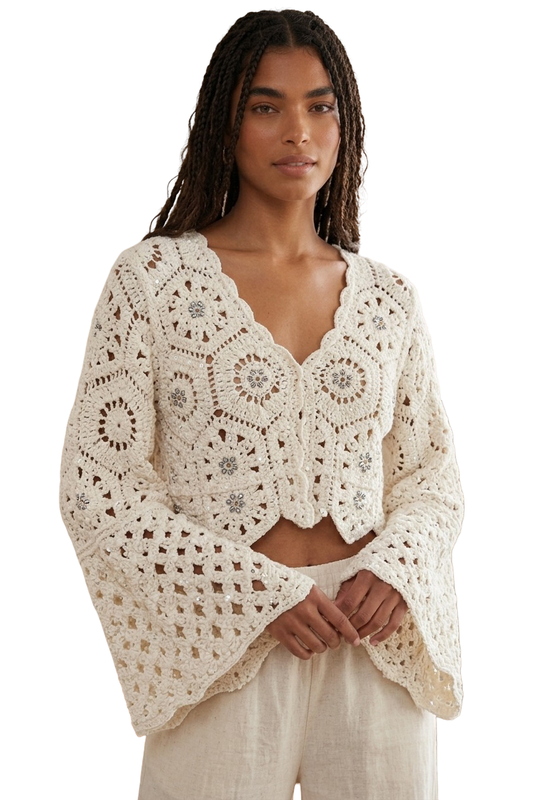 Crochet Tie-Front Knit Cardigan – Off White