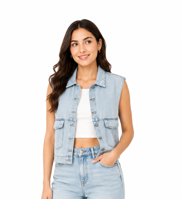 Washed Pocket Denim Vest – Light Blue