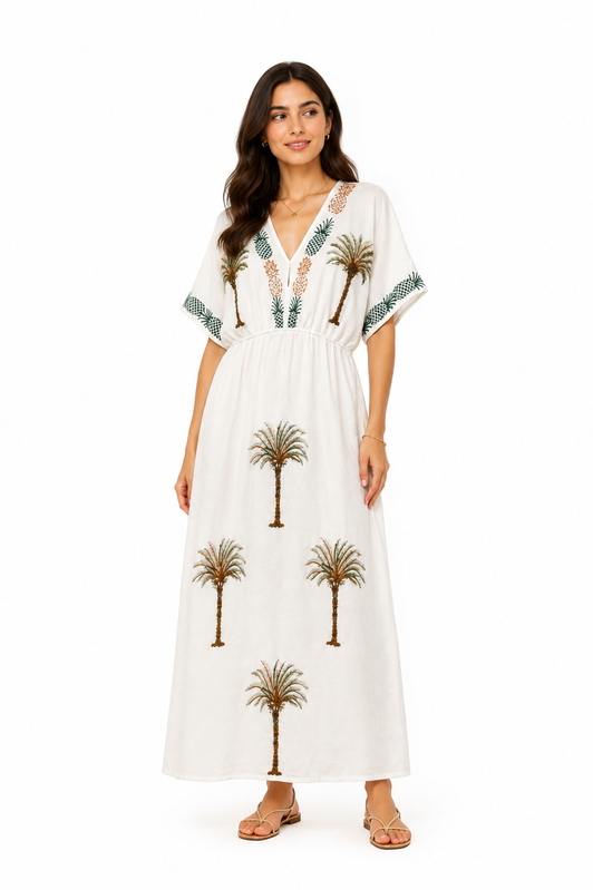 Palm Print Relaxed Maxi Dress – White