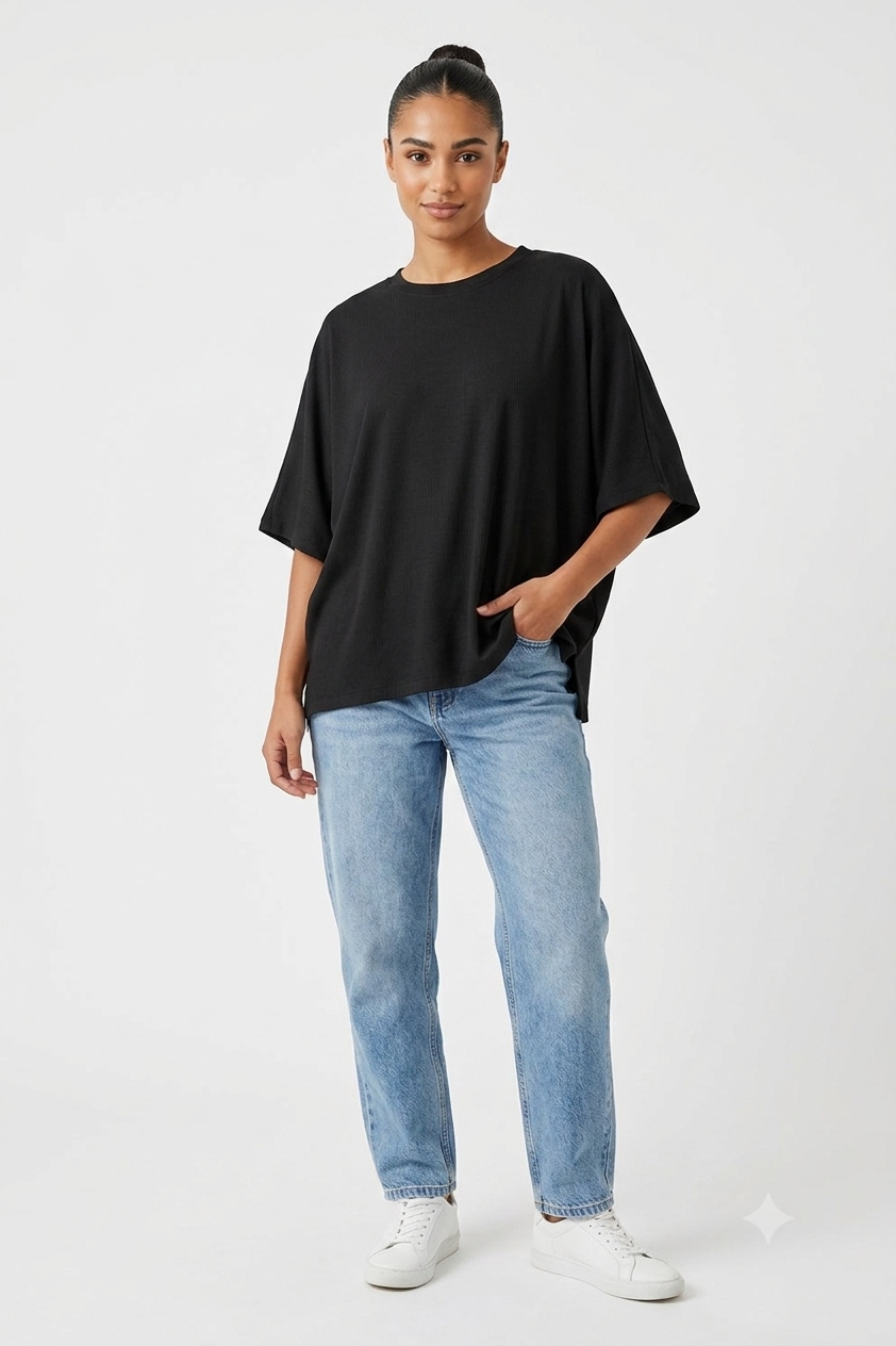 Ribbed Boxy T-Shirt – Black