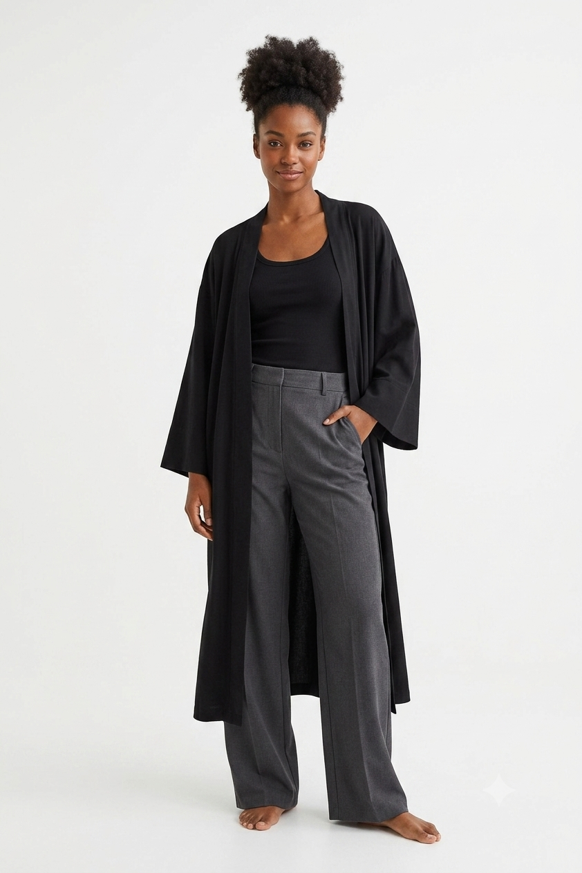 Relaxed Open-Front Midi Cardigan – Black