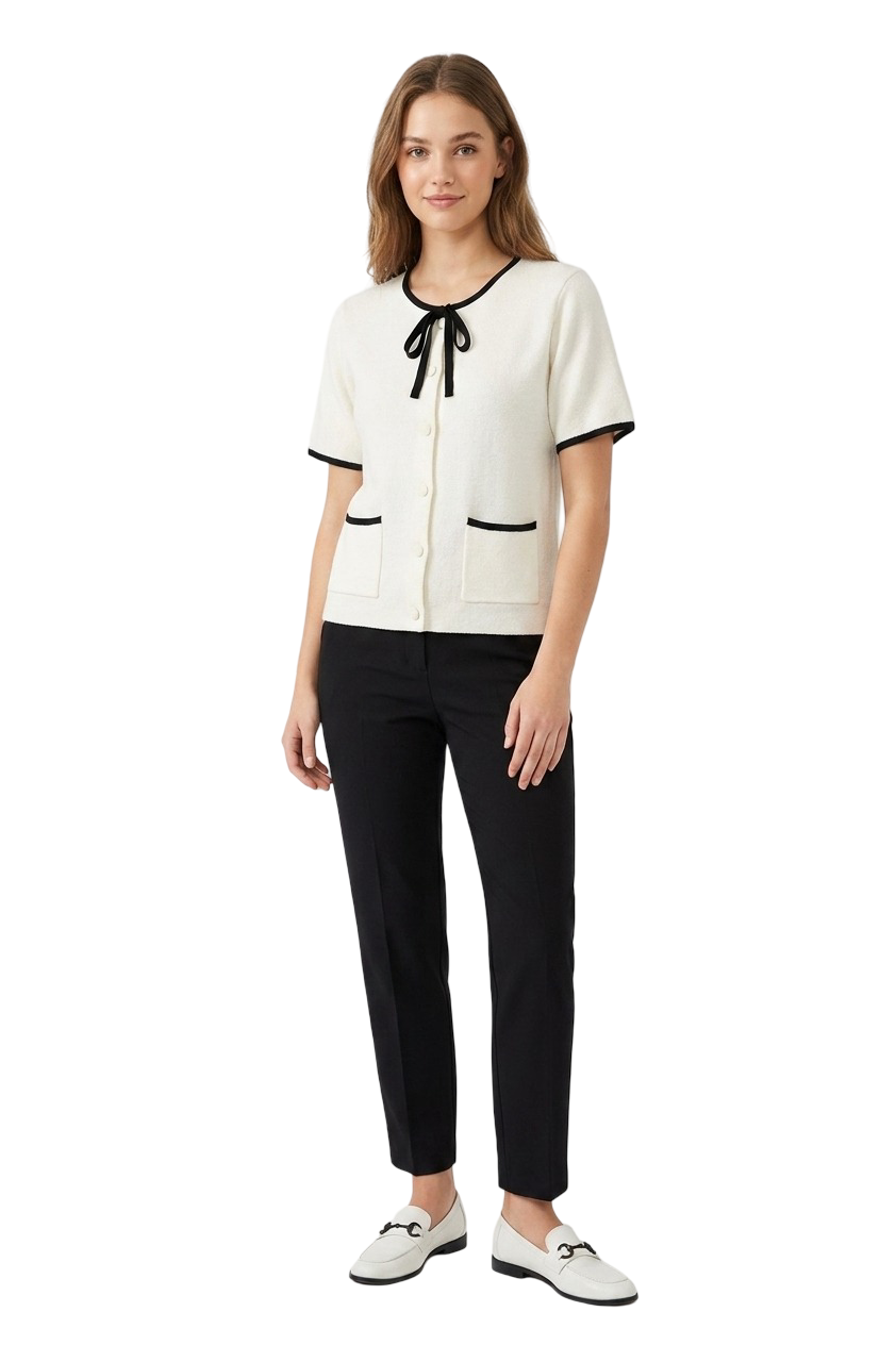 Contrast Trim Buttoned Top – White
