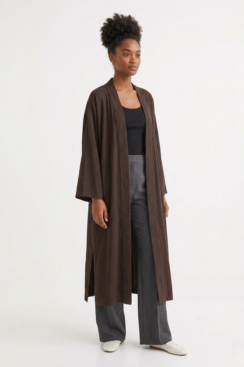 Relaxed Open-Front Midi Cardigan – Dark Brown