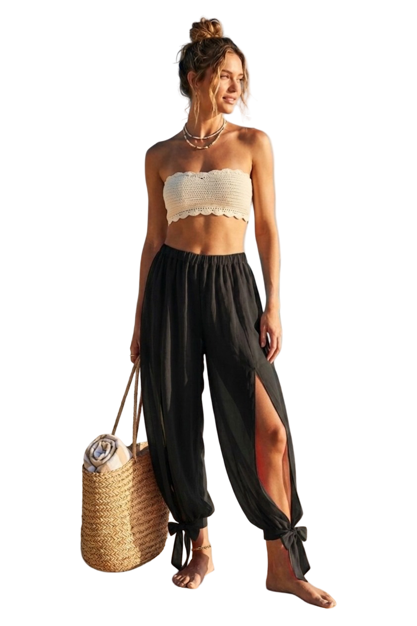 Tie Ankle Slit Beach Pants – Black