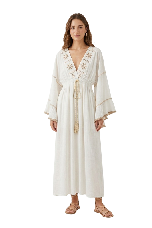 Drawstring Embroidered Maxi Dress – White