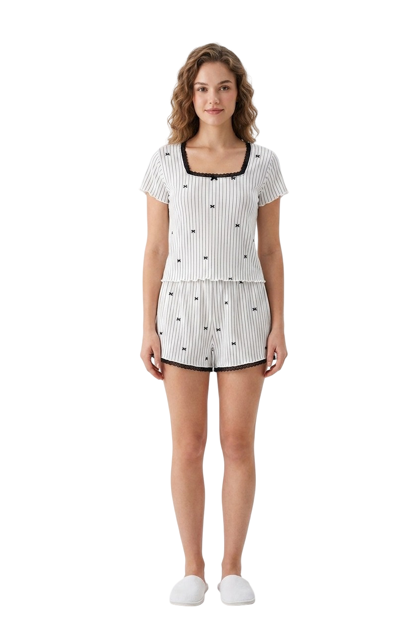 Ribbed Fitted Pajama - Black & White
