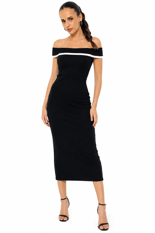 Off-Shoulder Ribbed Midi Dress – Black