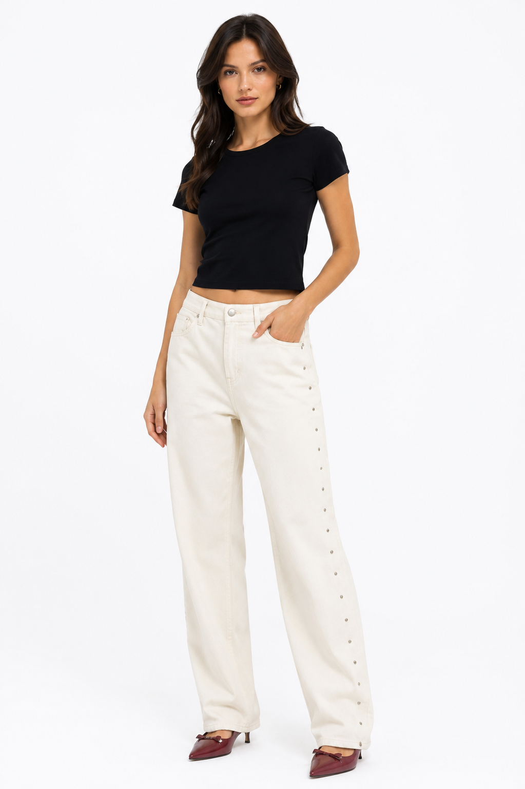 Studded Wide Jeans - Off White