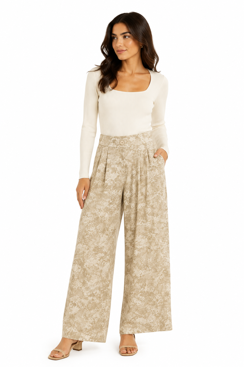 Textured Palazzo Pants - Beige