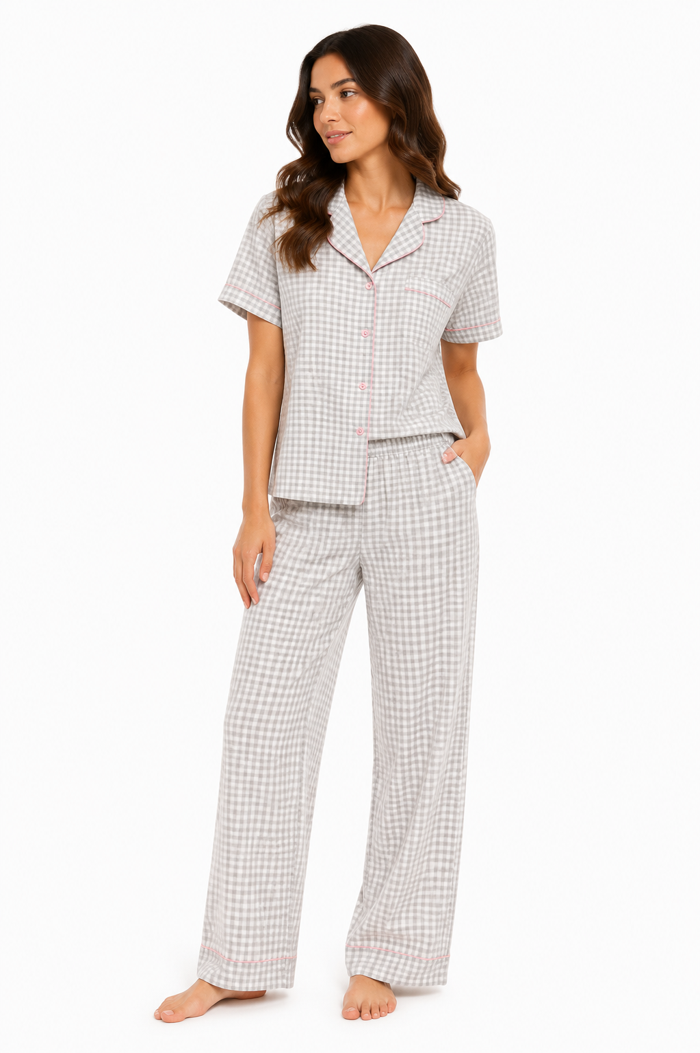 Printed Piped Pajama - Checkered Grey