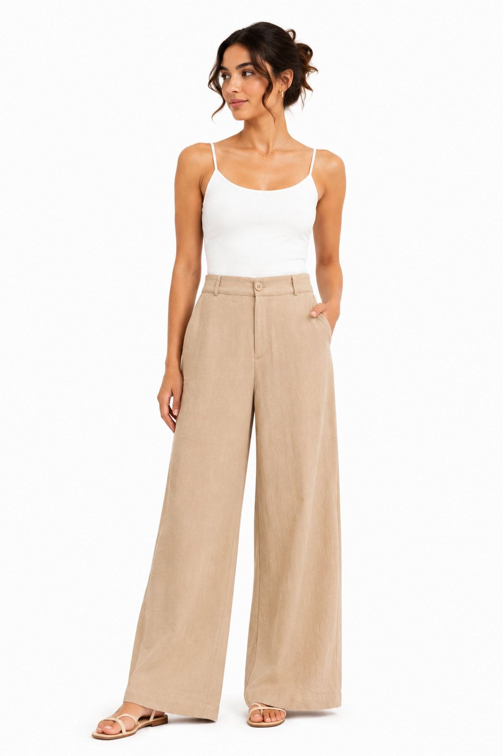 Wide Leg Tailored Lounge Pants - Beige