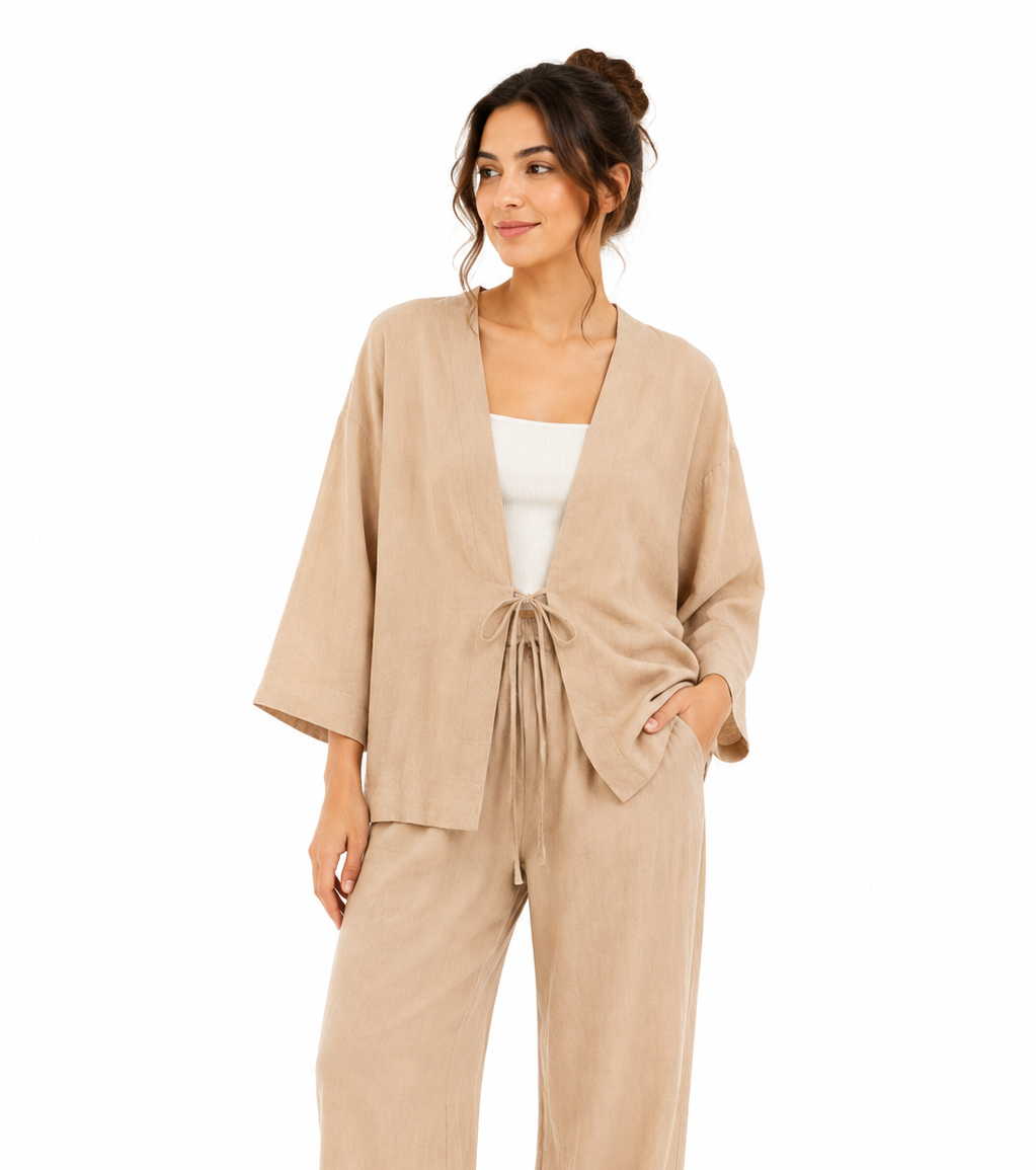 Relaxed Tie Front Lounge Cardigan - Beige