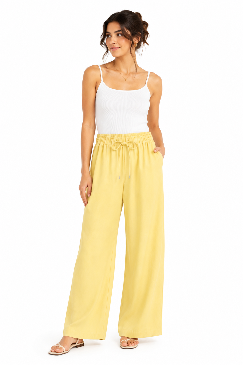Wide High-Waist Lightweight Kripon Pants - Light Yellow