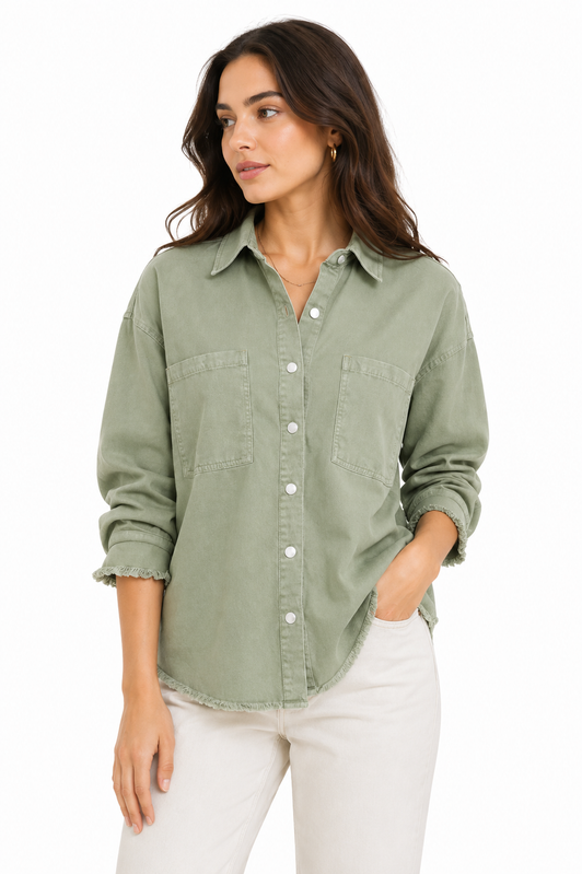 Solid Frayed Hem Denim Jacket – Sage Green