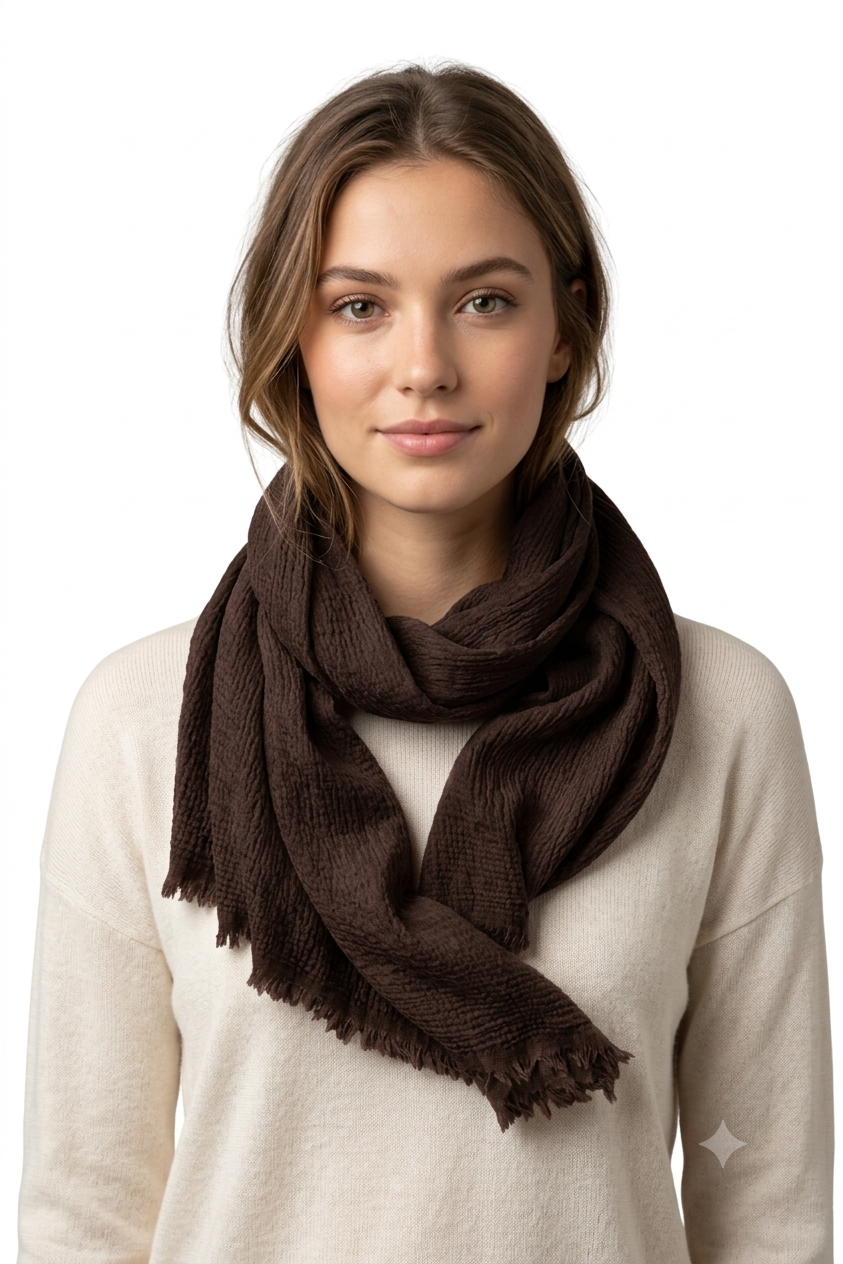 Lightweight Cotton Fringed Textured Woven Scarf - Dark Brown