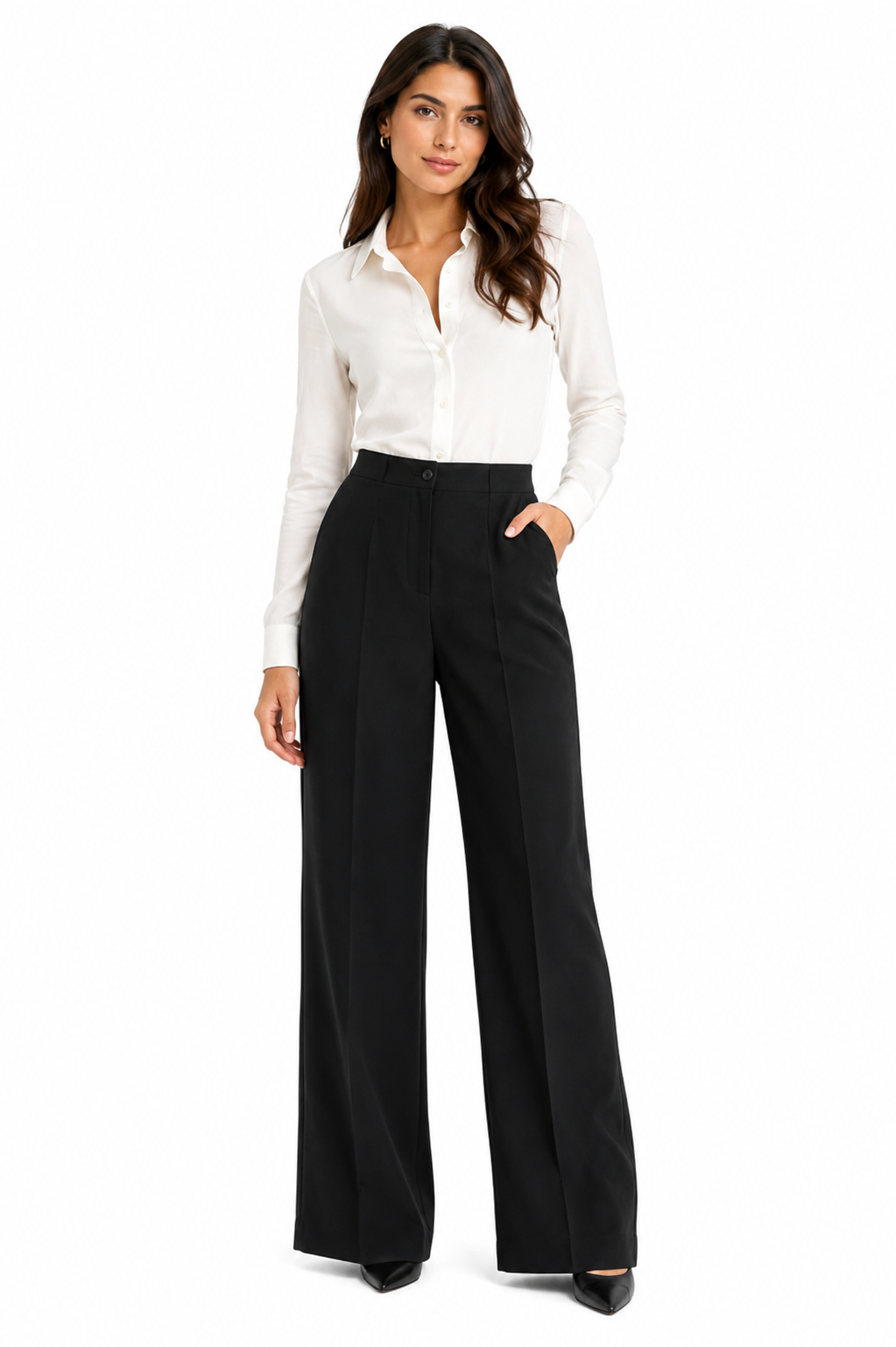 Wide Leg Buttoned Tailored Pants - Black