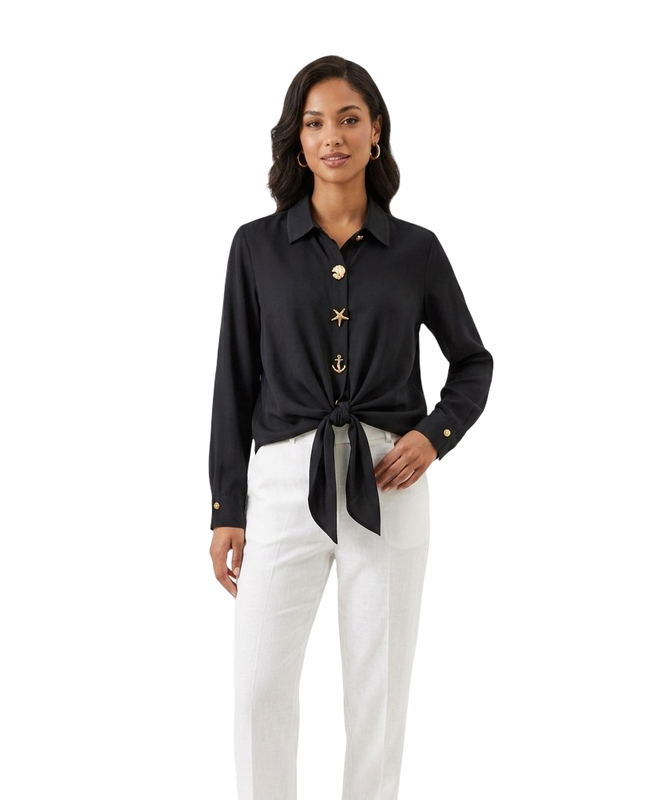 Knotted Button-Front Crepe Shirt – Black