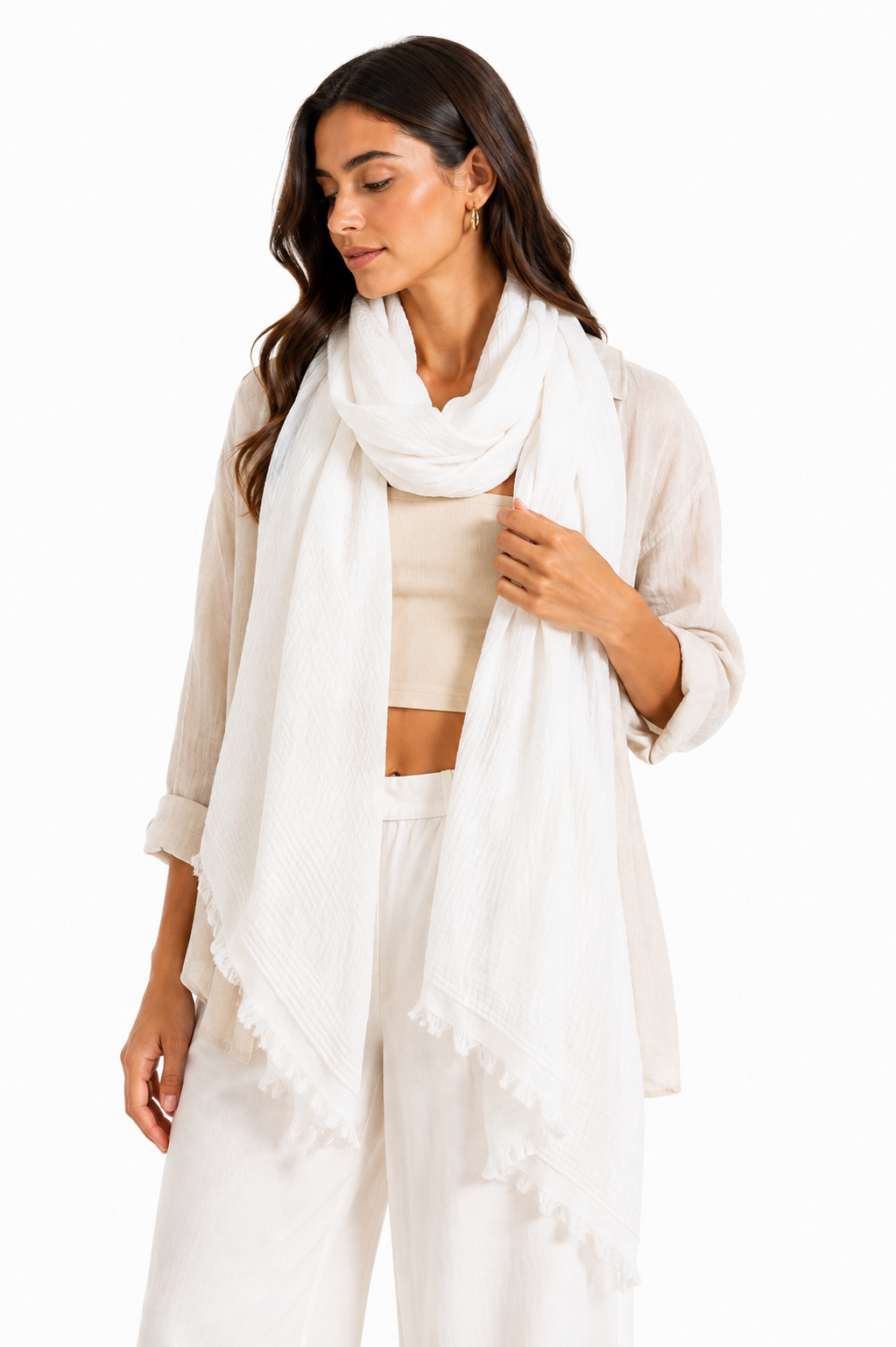 Lightweight Cotton Fringed Textured Woven Scarf - Off white