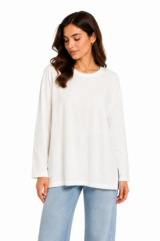 Relaxed Long Sleeve Basic Top – Off White