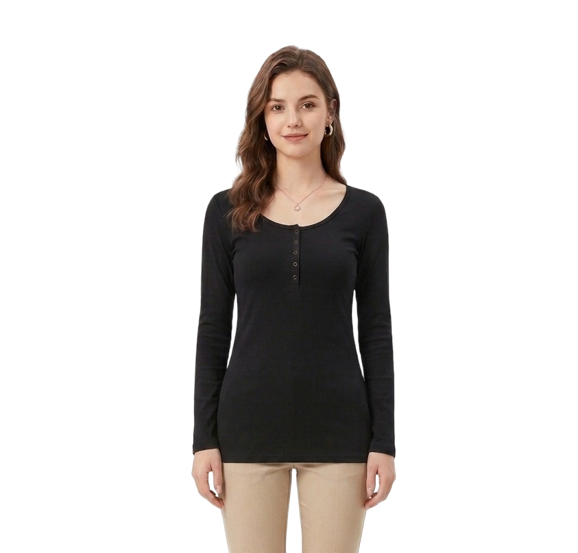 Buttoned Scoop Neck Top – Black