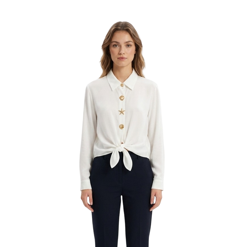 Knotted Button-Front Crepe Shirt – Off White