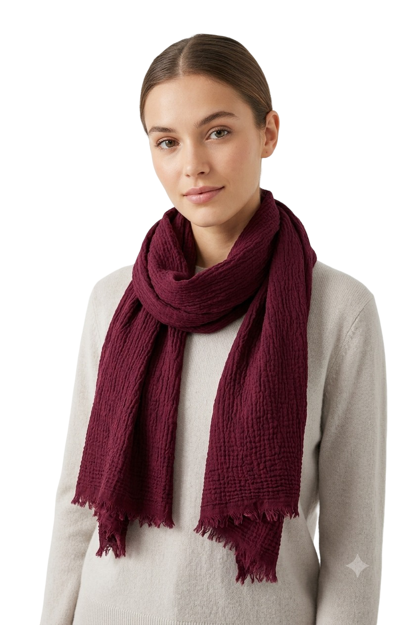 Lightweight Cotton Fringed Textured Woven Scarf - Wine