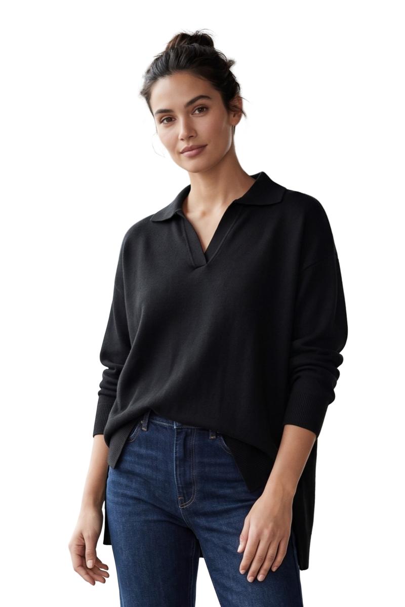 Drop-Shoulder Polo Pullover – Black