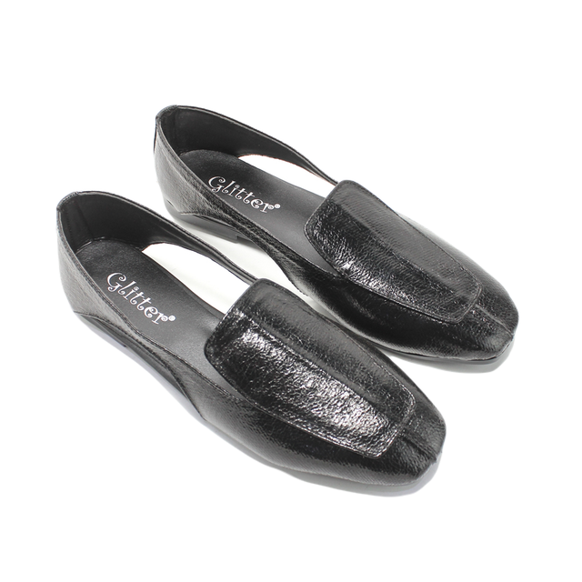 Faux Leather Glossy Square Toe Loafer - Black