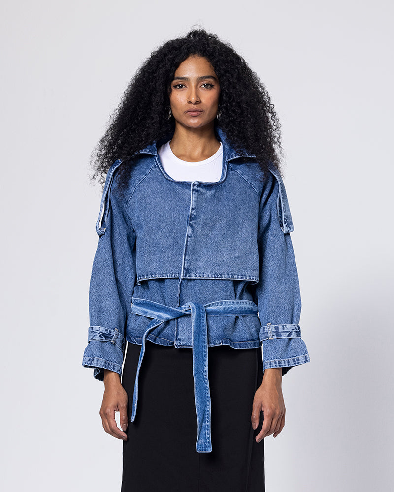 Cotton Denim Collar Cropped Jacket - Blue