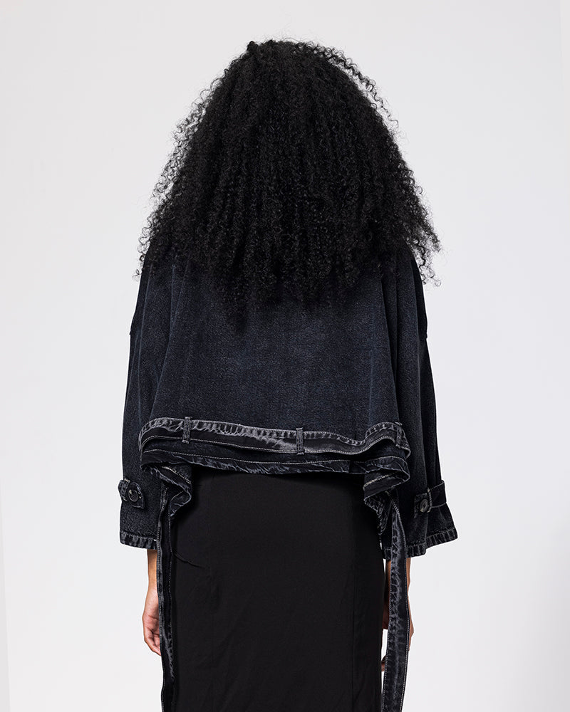 Denim Collar Black Cropped Jacket - Black